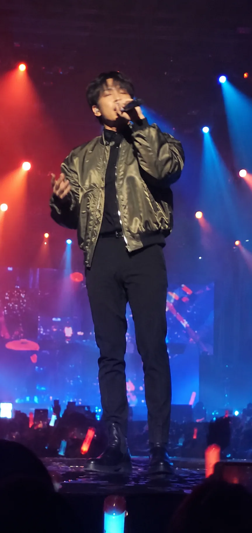 Soft, low-resolution phone photo of a fictional pop vocalist on stage