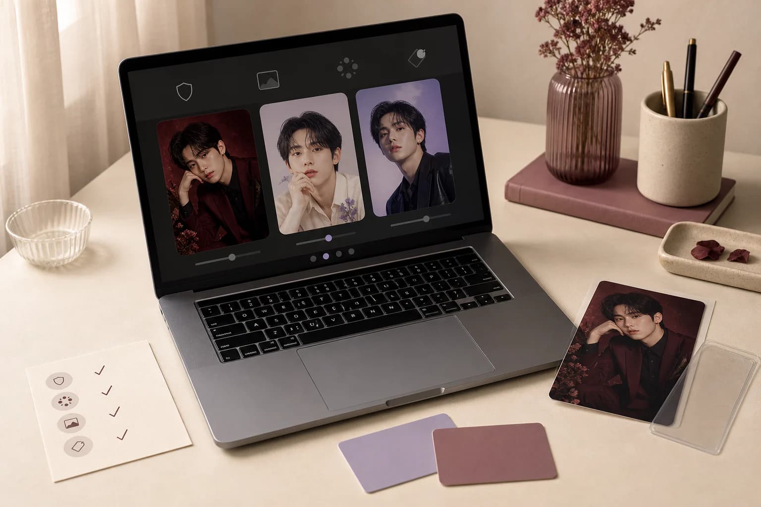 A laptop comparing three portrait card concepts beside a printed proof and a simple checklist