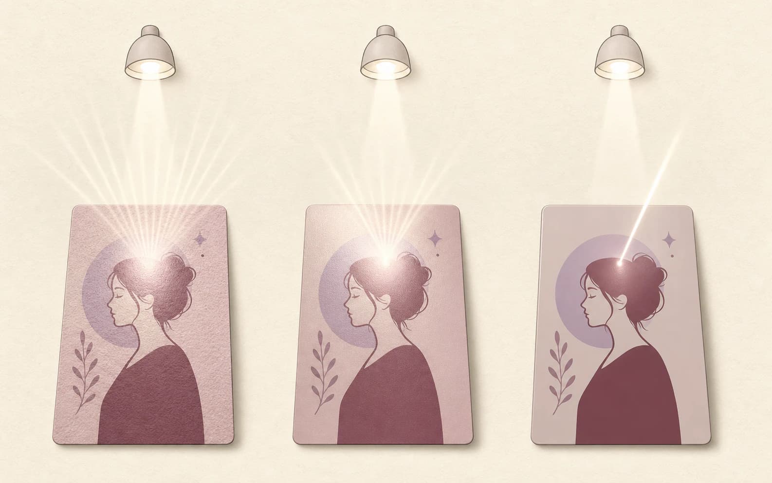 Three identical portrait cards showing diffuse, soft, and concentrated reflected light