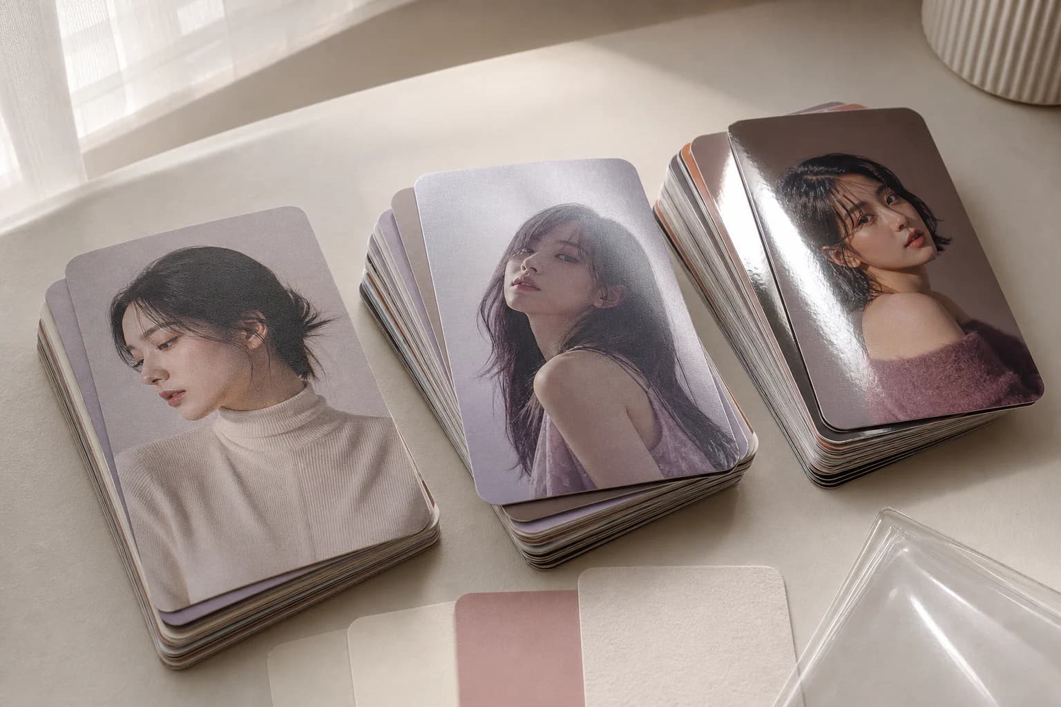 Three stacks of matte, satin, and glossy portrait cards catching window light differently
