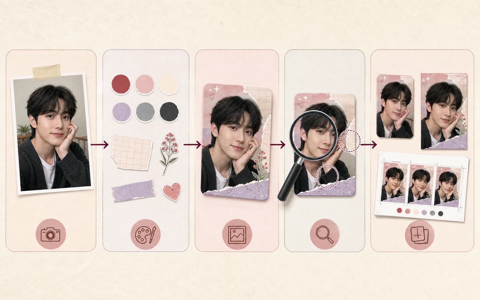 Five-stage workflow from source portrait and design swatches to preview review and final photocard files