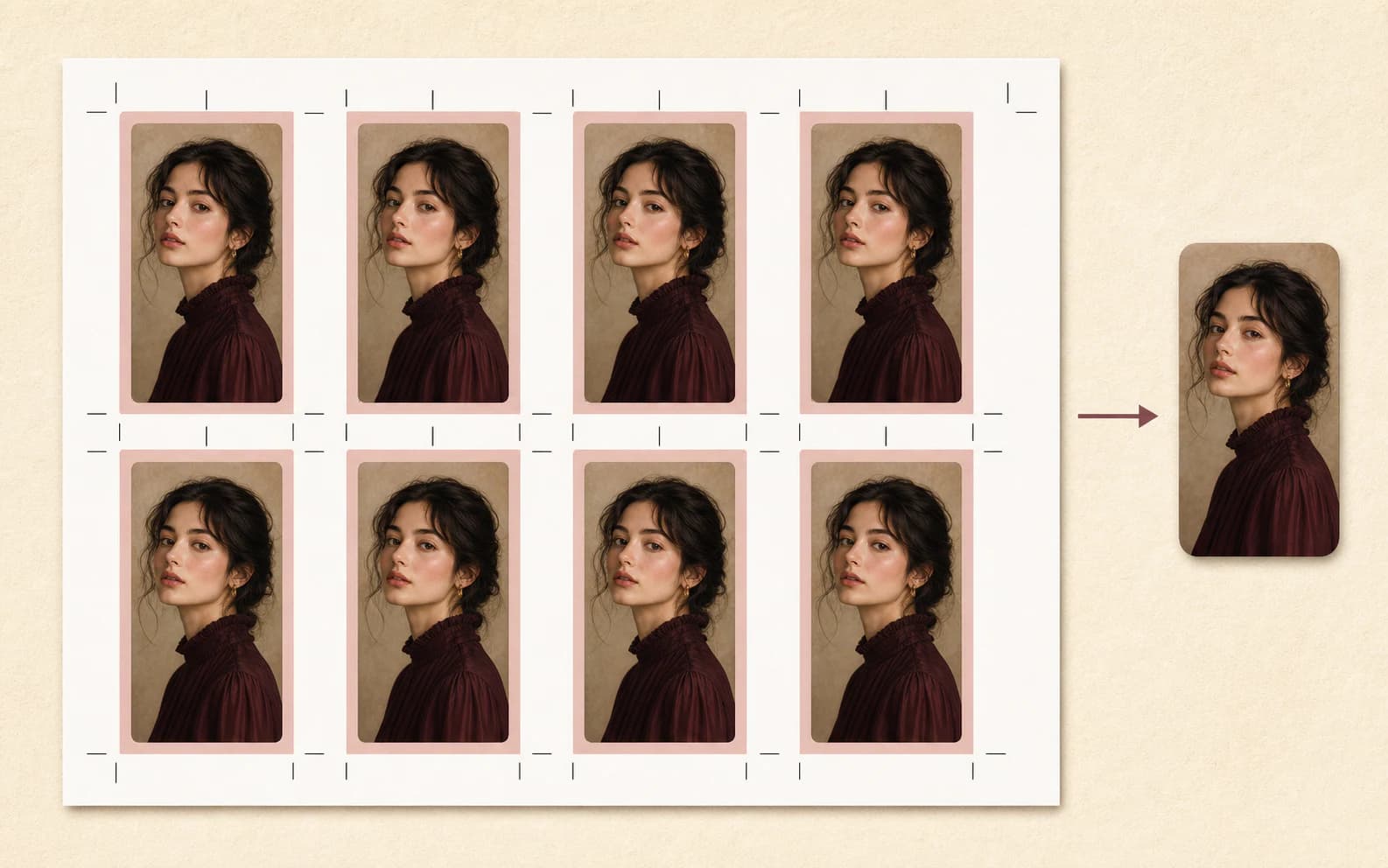 An eight-card print sheet with aligned crop marks and one finished card shown beside it