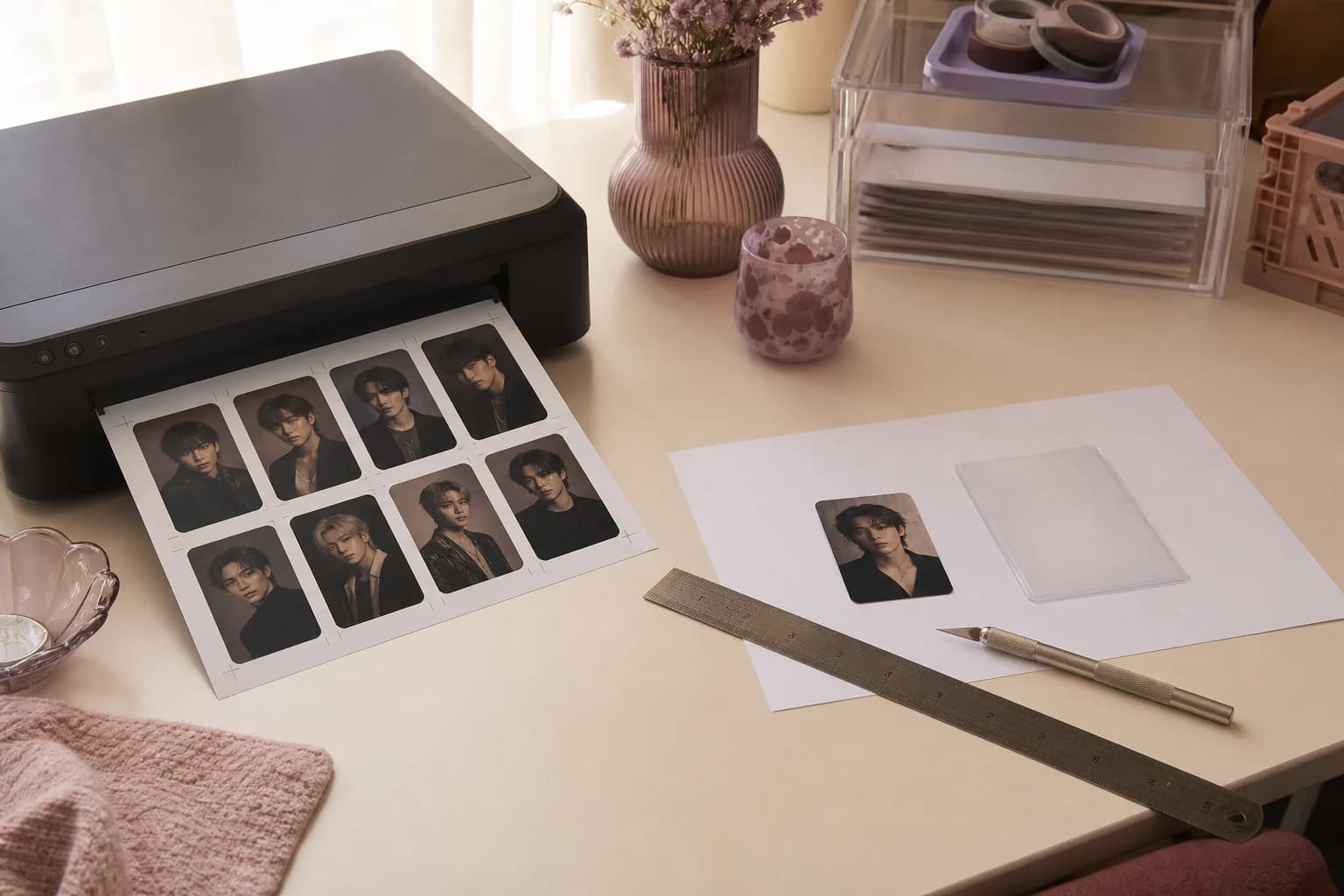 A home printer producing an eight-card sheet beside a ruler, craft knife, and trimmed proof