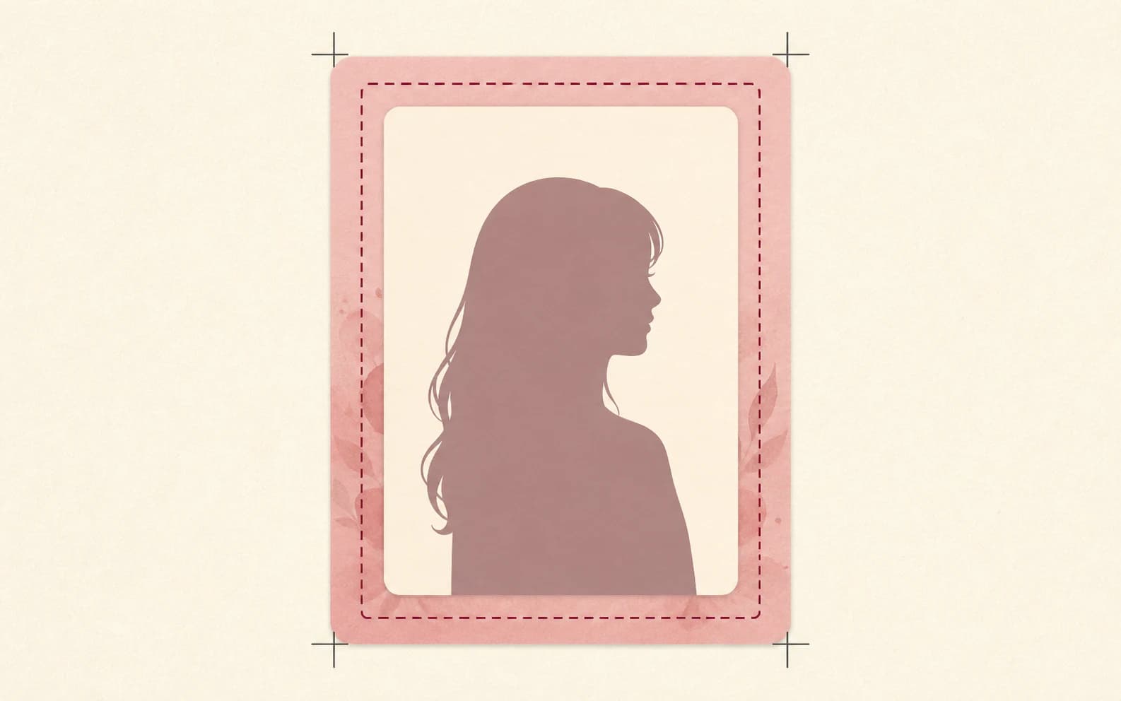 A photocard diagram with a pink bleed edge, dashed trim line, crop marks, and an inner safe area