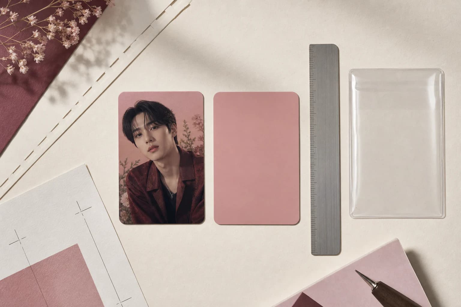 A portrait card, blank card, metal ruler, and clear sleeve arranged on a cream desk